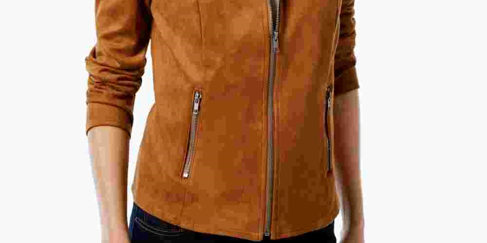 Jaqueta de motociclista feminina Style &amp; Co de camurça sintética marrom, tamanho pequeno e pequeno