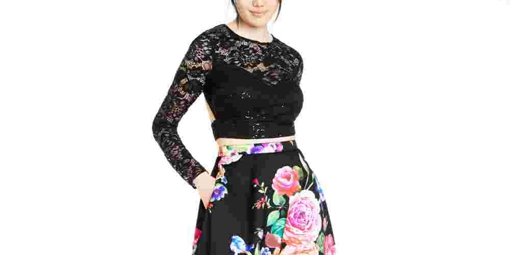 Vestido infantil B Darlin Junior com 2 peças de renda e estampa floral, preto, tamanho 9-10