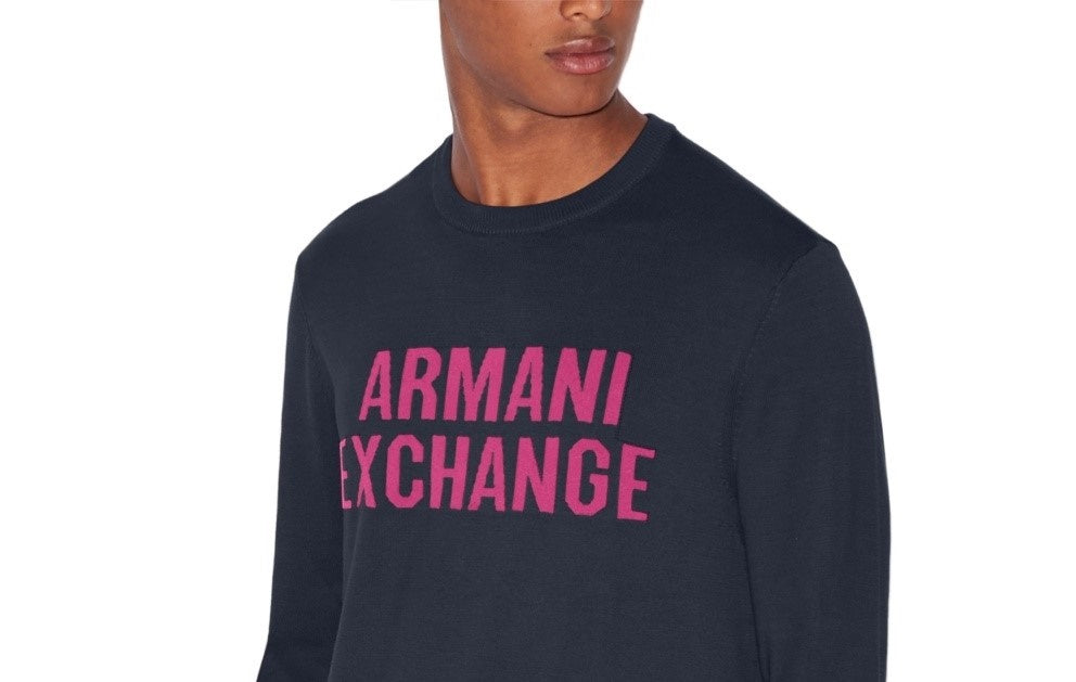 Suéter masculino Armani Exchange com logotipo, azul marinho, tamanho médio