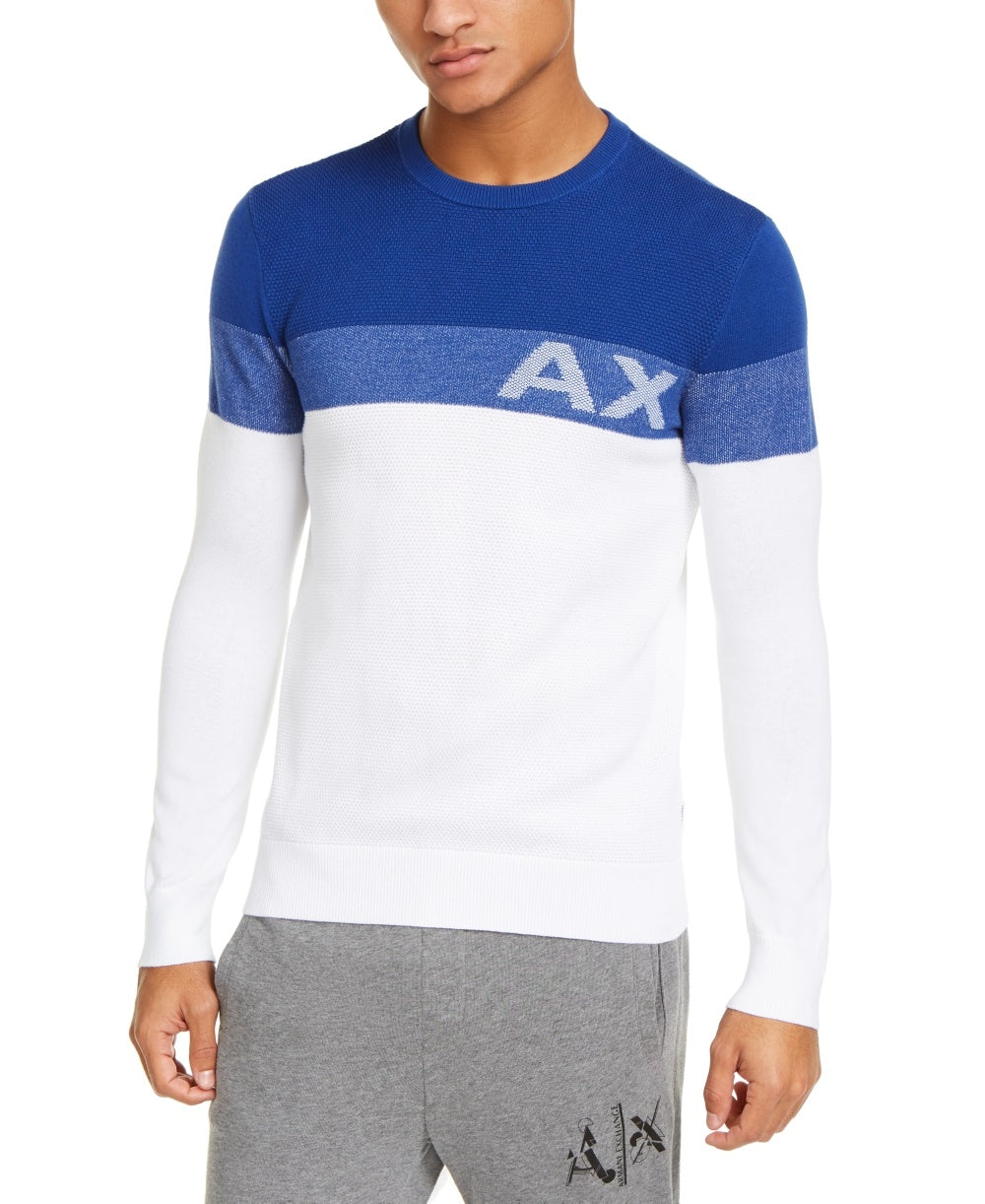 Suéter masculino Armani Exchange Regular Fit Colorblocked com listras e logotipo, branco, tamanho GG