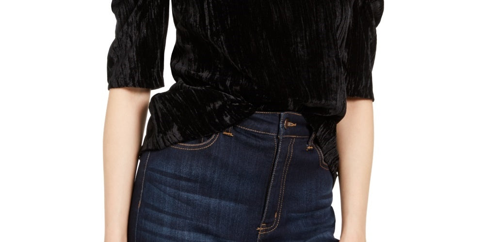 Blusa feminina Leyden de veludo amassado com manga bufante, preta, tamanho médio