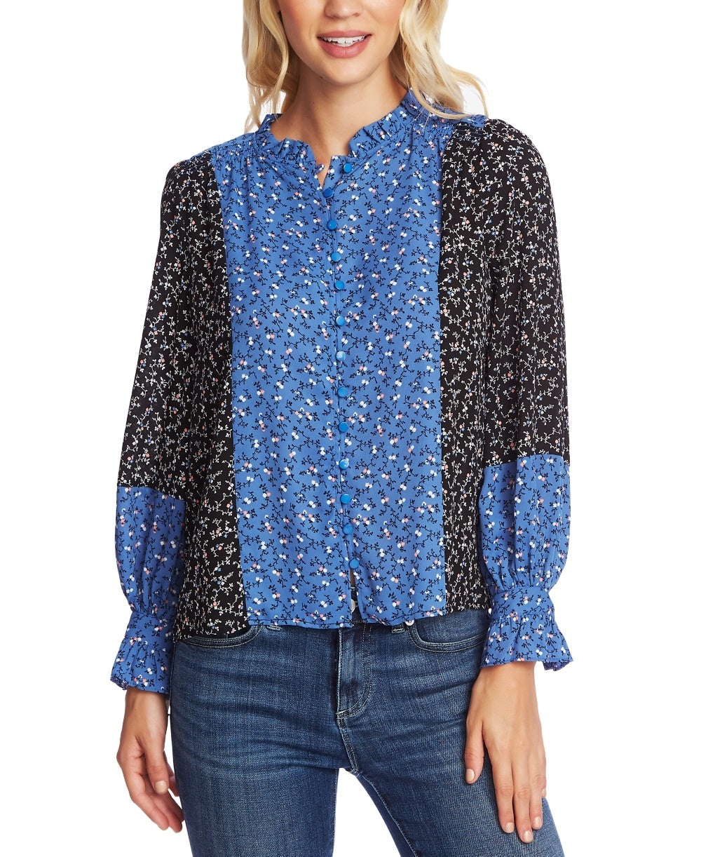 Blusa feminina Cece com estampa floral e botões, preta, tamanho X-S