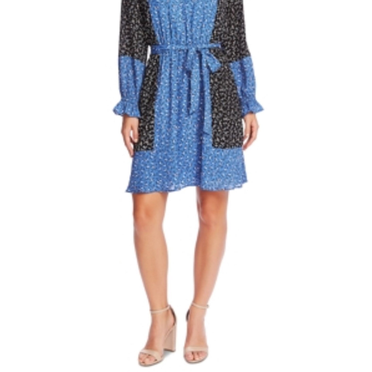 Vestido feminino CeCe com estampa floral bloqueada e botões cinza, tamanho X-S