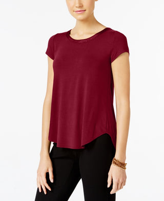Alfani Women's Satin Trim High Low T-Shirt Red Size Petite Small