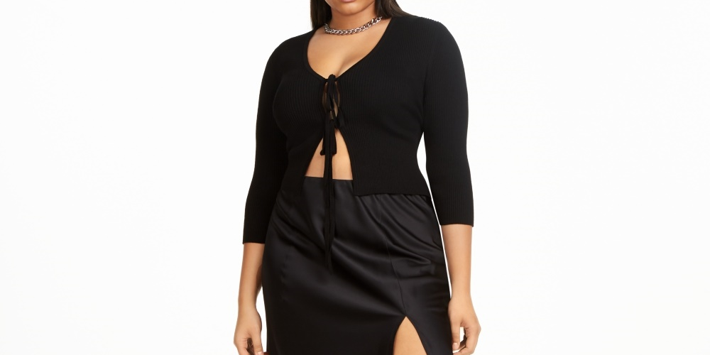 Cardigan feminino com amarração frontal Danielle Bernstein, preto, tamanho 2X