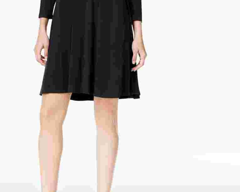Vestido feminino estilo &amp; co, manga comprida, decote redondo, acima do joelho, preto, tamanho pequeno pequeno