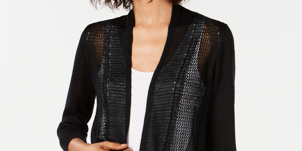 Cardigan Alfani Feminino com Pontos Mistos e Frente Aberta, Preto, Tamanho Pequeno e Grande