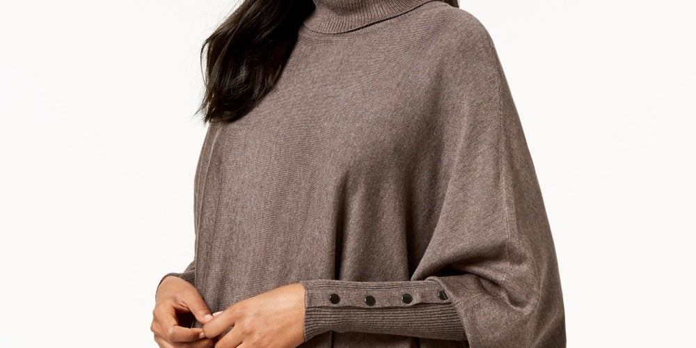 Alfani Suéter Poncho Feminino Petite Gola Alta Bege Escuro Tamanho Petite