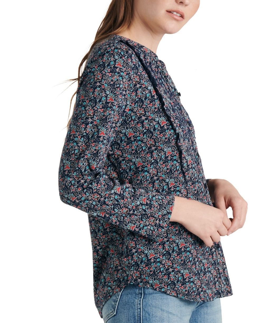 Blusa feminina Lucky Brand com botões florais e botões, azul marinho, tamanho pequeno