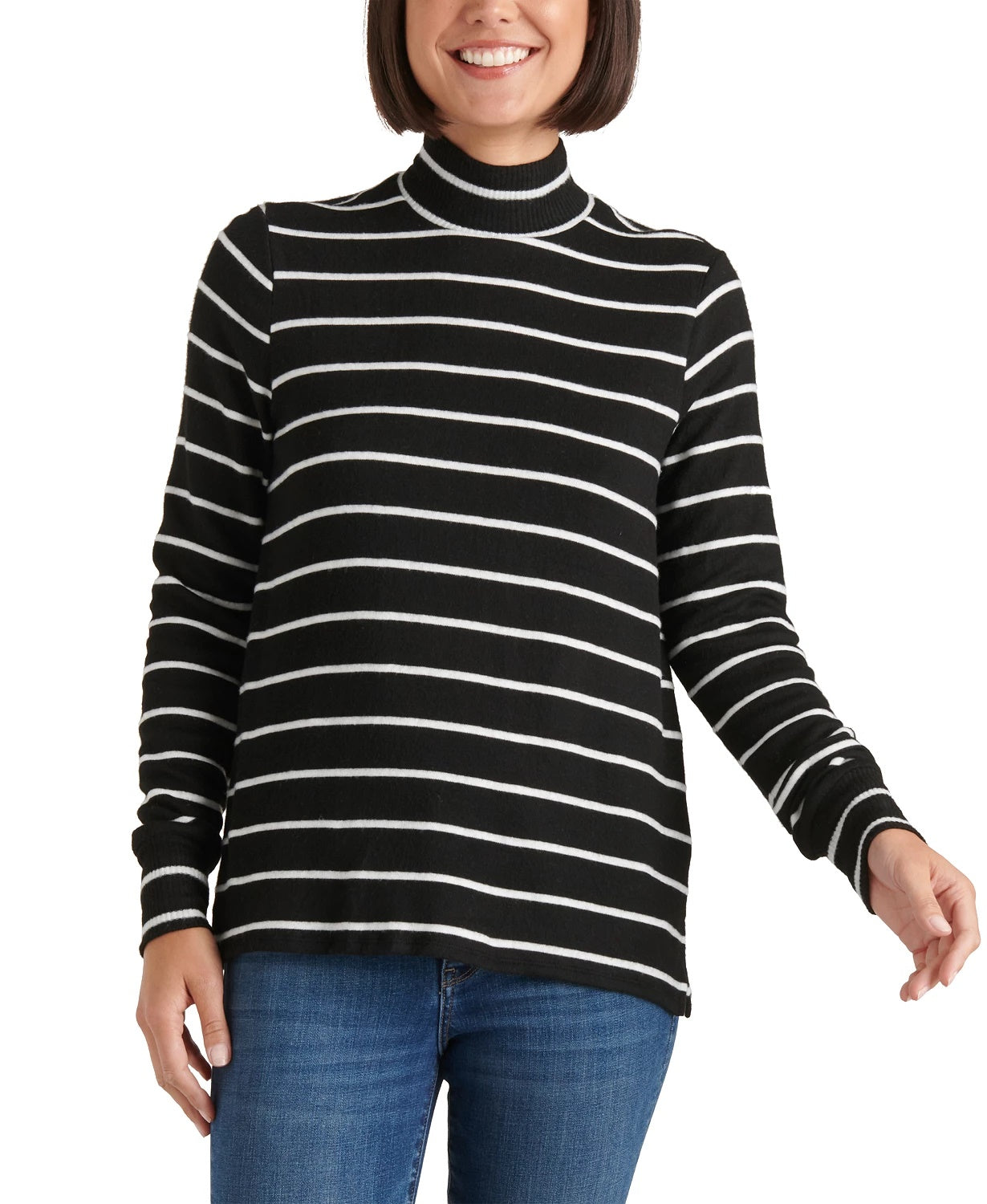 Suéter feminino listrado com gola alta Lucky Brand, preto, tamanho extragrande