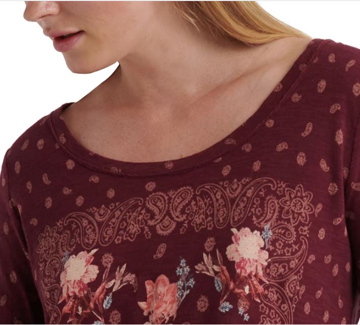 Camiseta feminina Matchbox de manga comprida Lucky Brand, vermelha, tamanho X-S