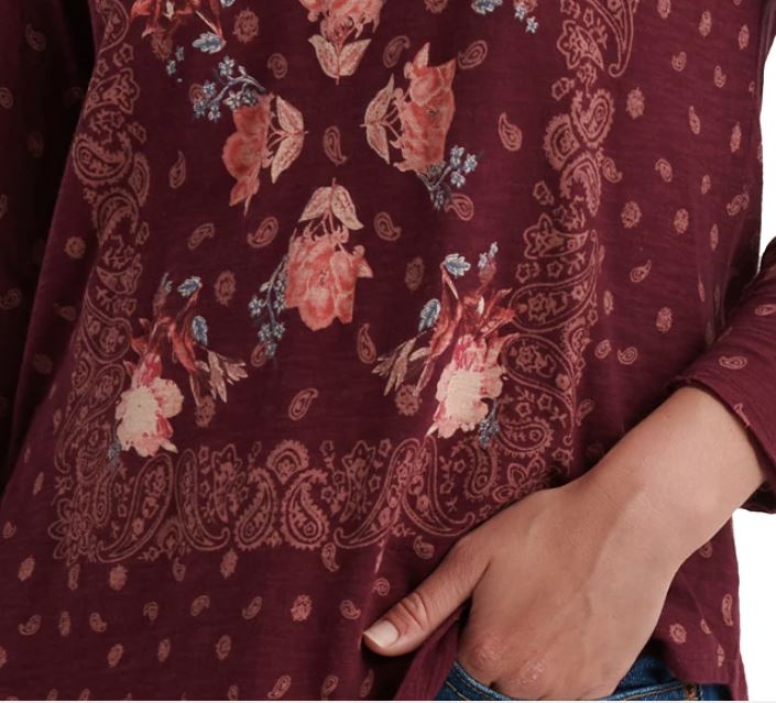 Camiseta feminina Matchbox de manga comprida Lucky Brand, vermelha, tamanho X-S