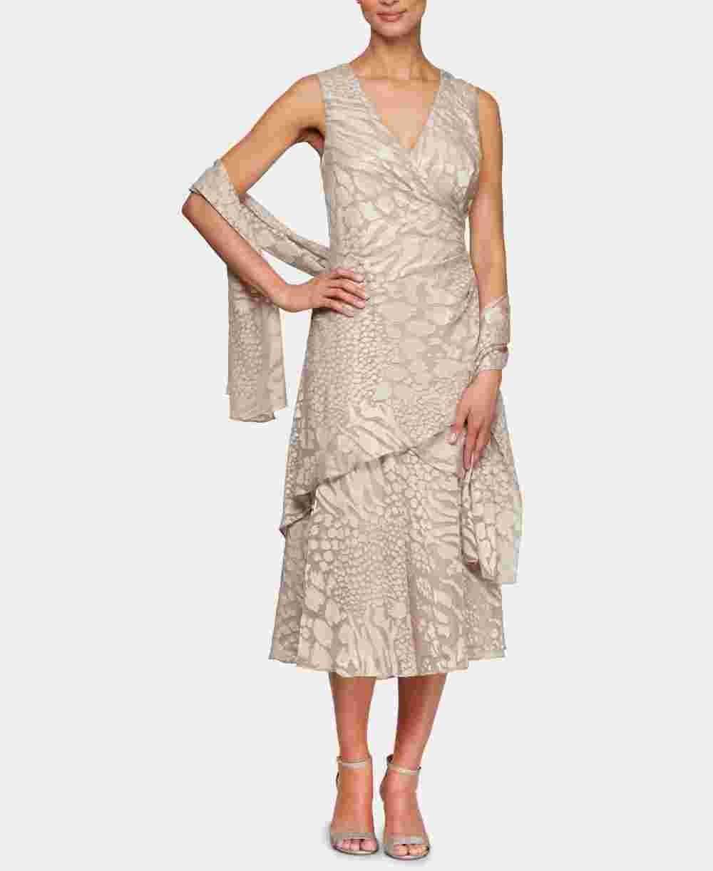 Vestido e xale estampados femininos Alex Evenings, marrom, tamanho 14