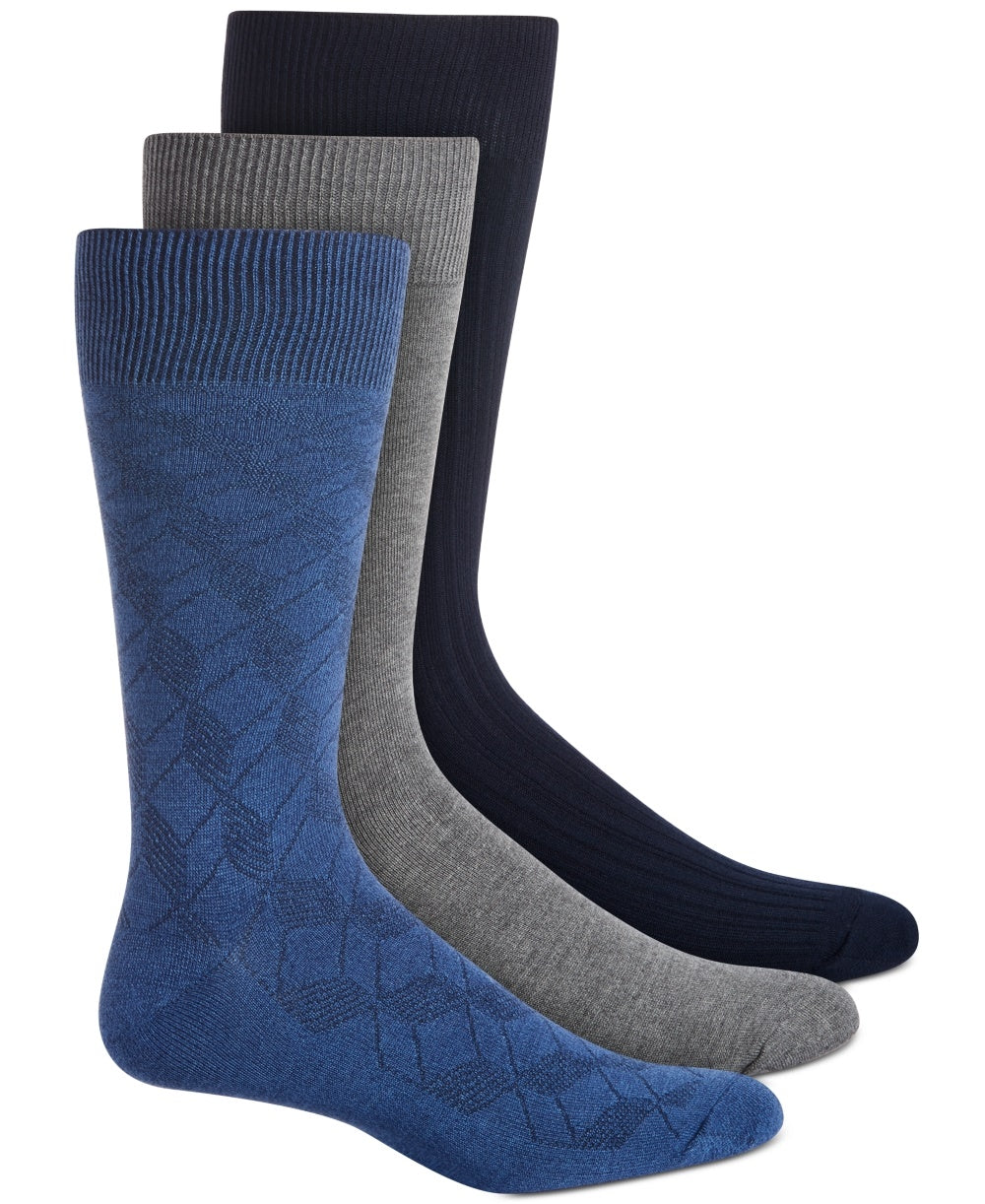 Pacote com 3 meias sociais Perry Ellis Portfolio para homens, azul marinho, tamanho regular