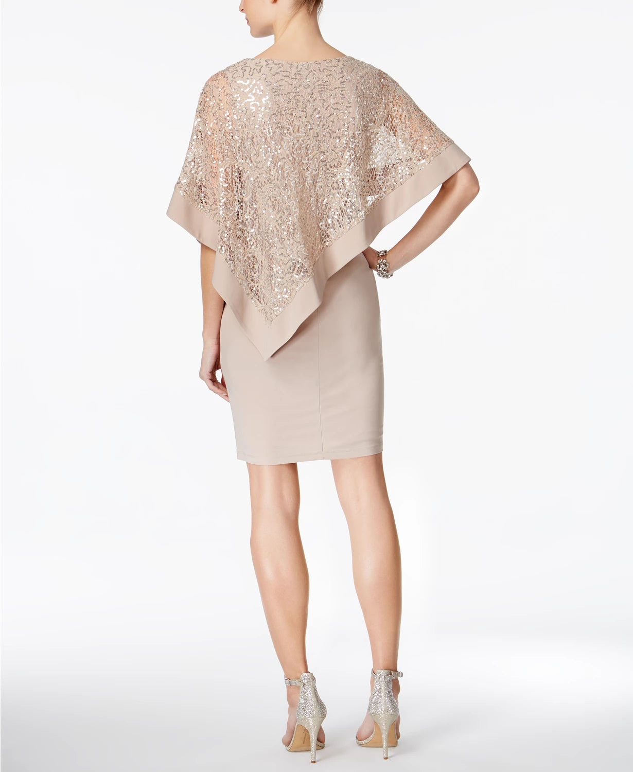 Vestido curto feminino R &amp; M Richards com lantejoulas e bainha, tamanho 6 P, cinza-claro