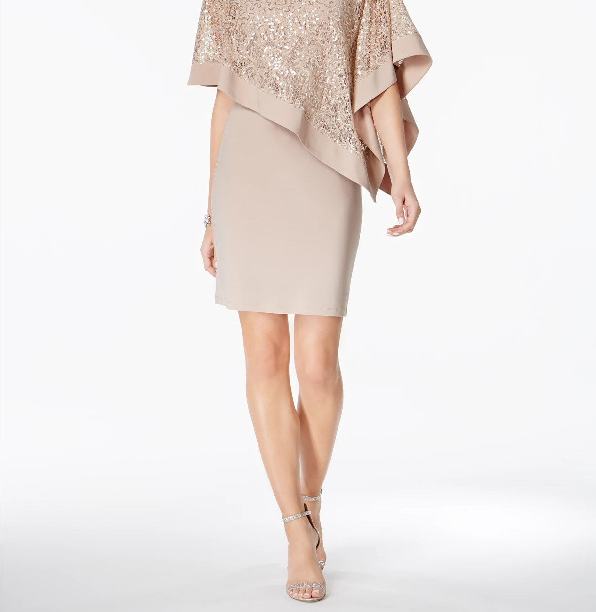 Vestido curto feminino R &amp; M Richards com lantejoulas e bainha, tamanho 6 P, cinza-claro