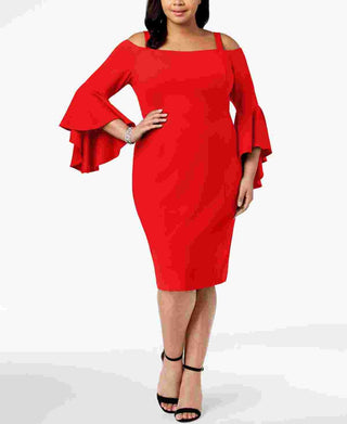 Vestido feminino R &amp; M Richards com ombros de fora e manga flare, vermelho, tamanho 16W