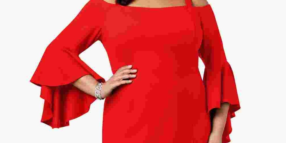 Vestido feminino R &amp; M Richards com ombros de fora e manga flare, vermelho, tamanho 16W