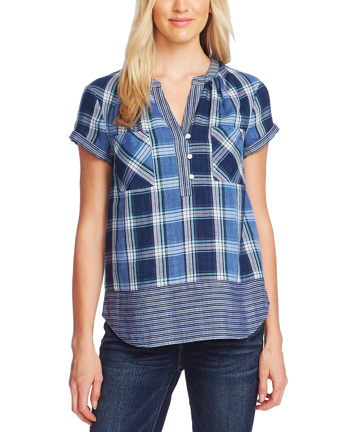Vince Camuto Top Henley Feminino de Algodão com Estampa Mista Azul Marinho Tamanho P