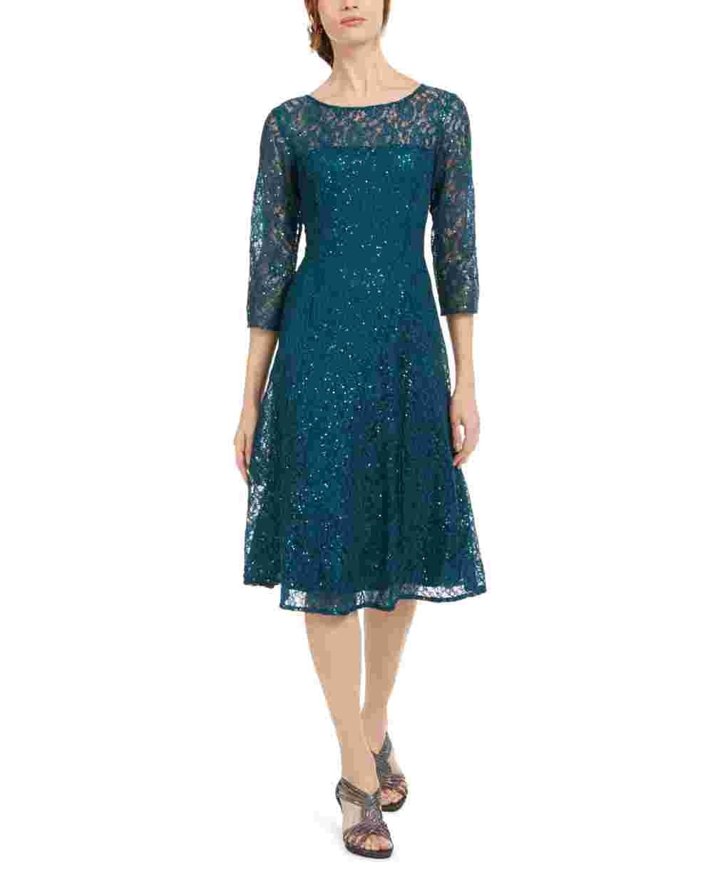 Vestido de renda com lantejoulas e manga 3/4 da SL Fashions para mulheres, verde, tamanho 16