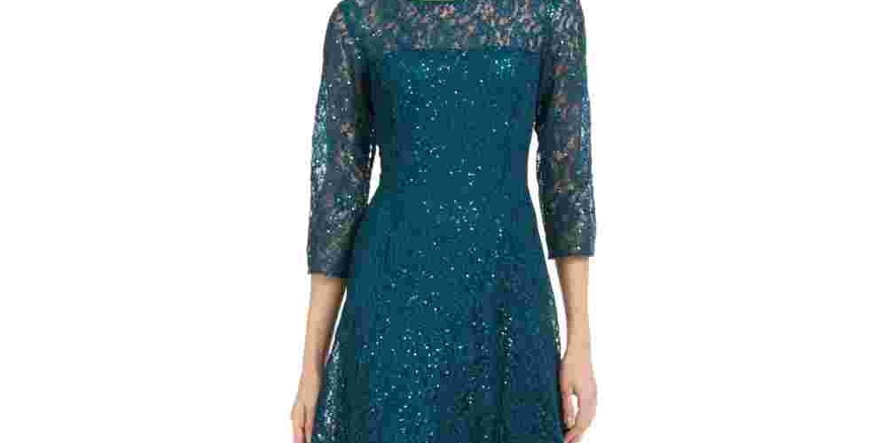Vestido de renda com lantejoulas e manga 3/4 da SL Fashions para mulheres, verde, tamanho 16