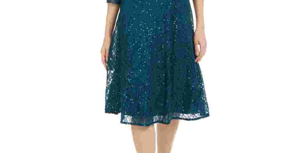 Vestido de renda com lantejoulas e manga 3/4 da SL Fashions para mulheres, verde, tamanho 16