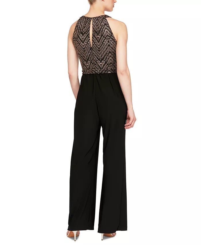 Macacão metálico com cinto feminino SL Fashions, preto, tamanho 8