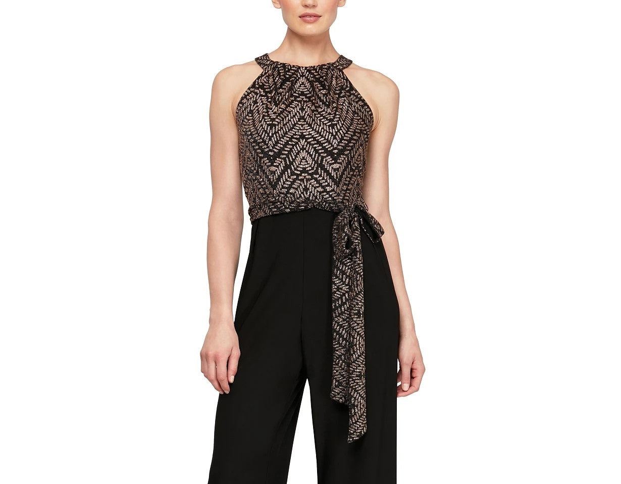 Macacão metálico com cinto feminino SL Fashions, preto, tamanho 8