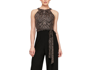 Macacão metálico com cinto feminino SL Fashions, preto, tamanho 8