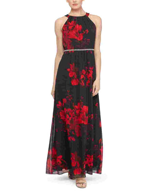 Vestido feminino com estampa floral e detalhes florais da SL Fashions, vermelho, tamanho 14