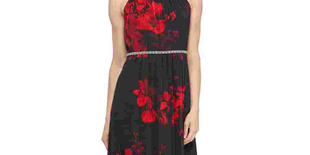 Vestido feminino com estampa floral e detalhes florais da SL Fashions, vermelho, tamanho 14