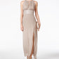 Vestido feminino R &amp; M Richards com decote halter e decote em V, tamanho 14, dourado