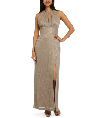 Vestido feminino R &amp; M Richards com decote halter e decote em V, tamanho 14, dourado