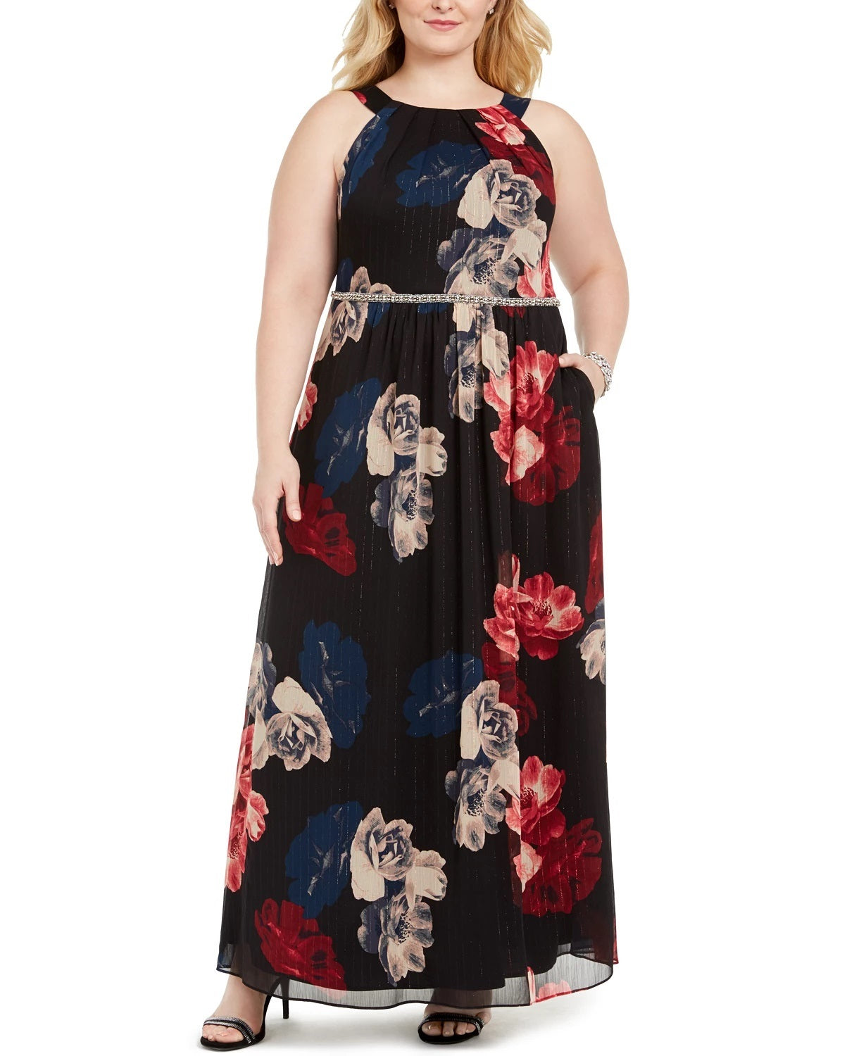 Vestido longo feminino plus size com estampa de contas e cintura alta, tamanho carvão, 20W, SL Fashions