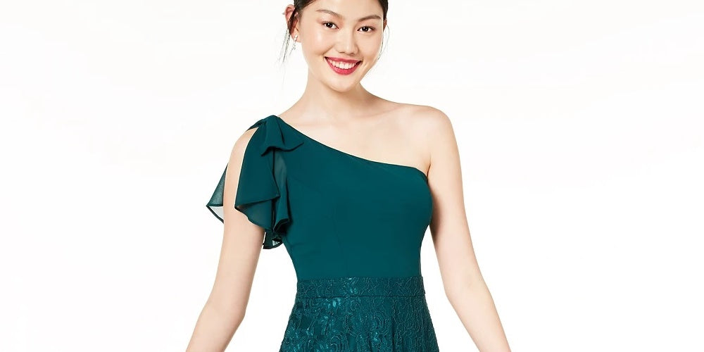 Vestido formal curto e evasê feminino City Studios, sem mangas, decote assimétrico, verde, tamanho 7