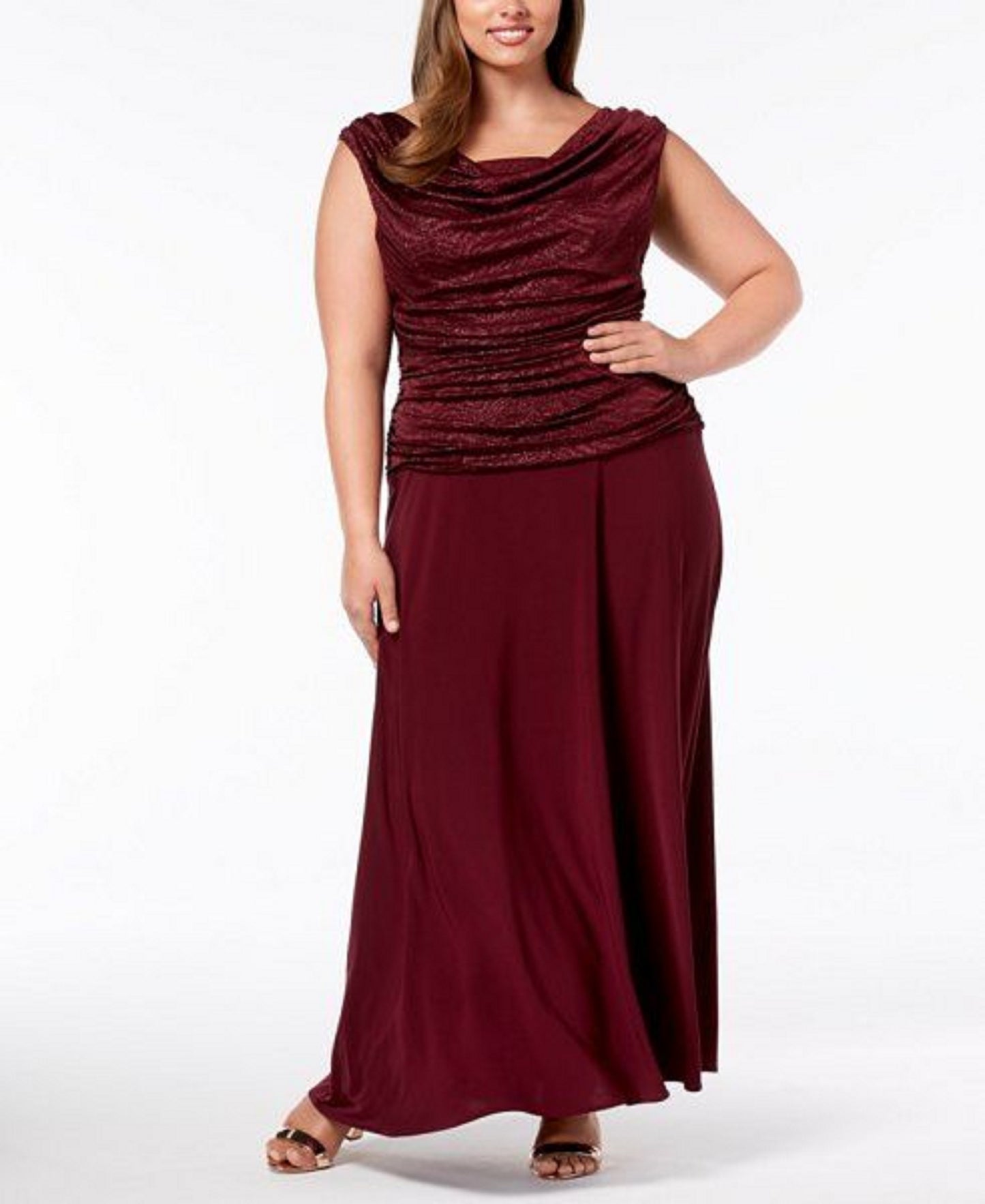 Vestido feminino plus size franzido R &amp; M Richards vermelho escuro tamanho 18