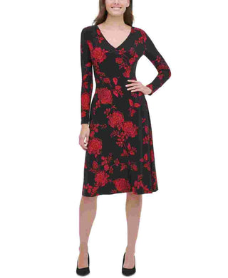 Vestido feminino Tommy Hilfiger com estampa floral, justo e evasê, preto, tamanho 10