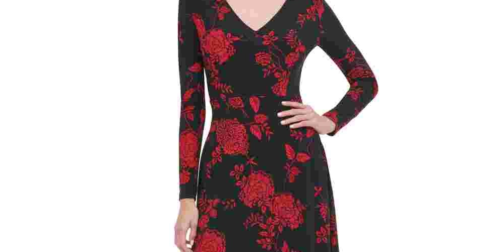 Vestido feminino Tommy Hilfiger com estampa floral, justo e evasê, preto, tamanho 10