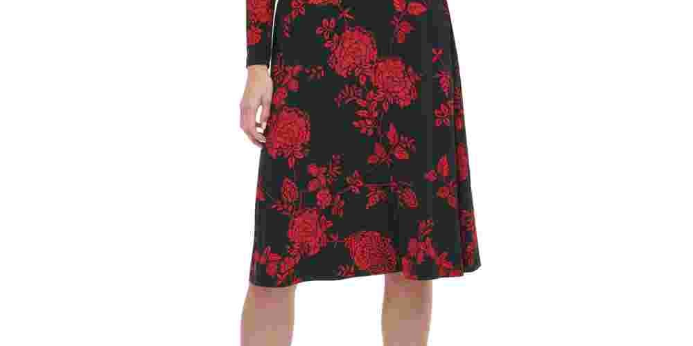 Vestido feminino Tommy Hilfiger com estampa floral, justo e evasê, preto, tamanho 10