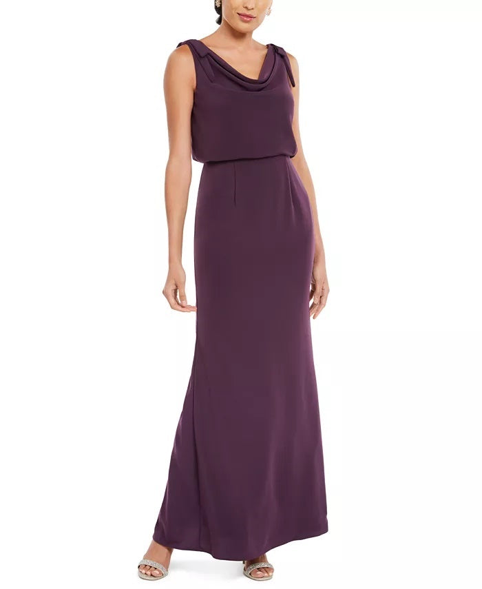 Vestido de festa feminino Adrianna Papell, com fenda, liso, sem mangas, gola alta, bainha longa, perna reta, roxo, tamanho 4