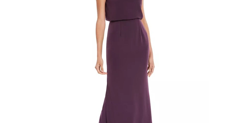 Vestido de festa feminino Adrianna Papell, com fenda, liso, sem mangas, gola alta, bainha longa, perna reta, roxo, tamanho 4