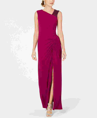 Adrianna Papell Women's Asymmetrical Embellished Gown Dark Pink Size 8