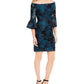 Vestido de coquetel feminino Adrianna Papell com manga sino floral, ombro de fora, acima do joelho, azul, tamanho 16