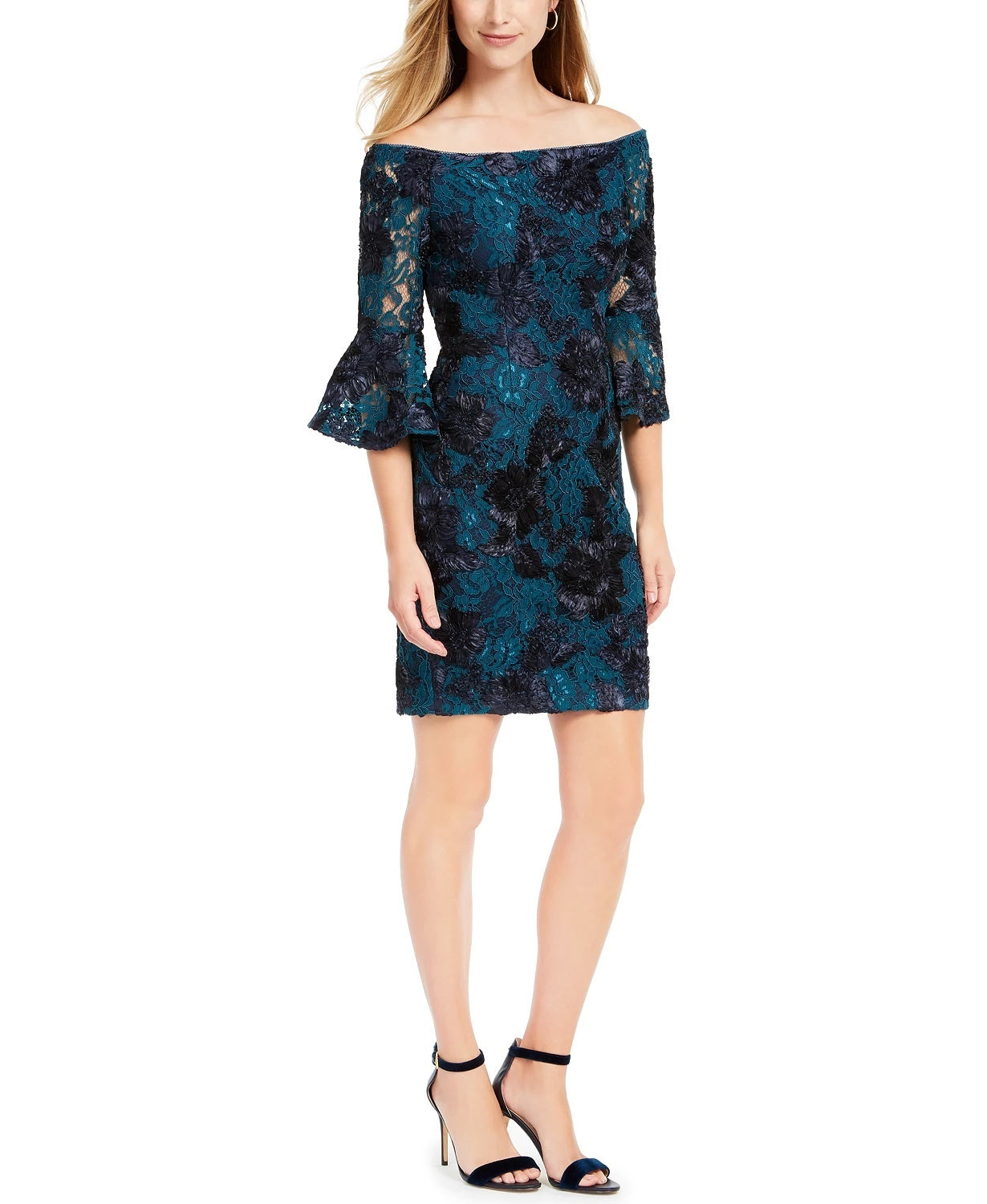 Vestido de coquetel feminino Adrianna Papell com manga sino floral, ombro de fora, acima do joelho, azul, tamanho 16