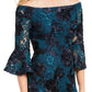 Vestido de coquetel feminino Adrianna Papell com manga sino floral, ombro de fora, acima do joelho, azul, tamanho 16