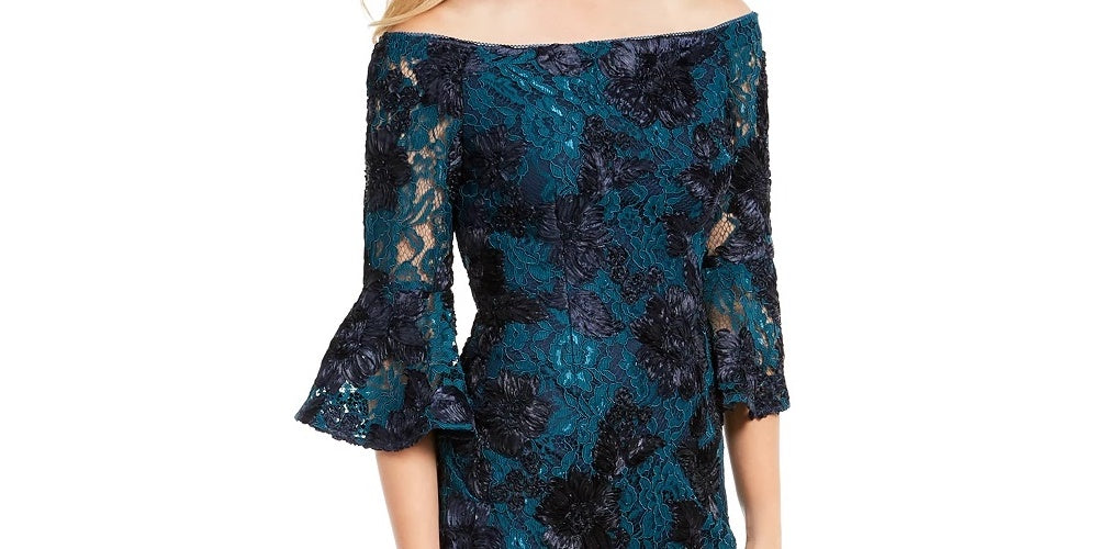 Vestido de coquetel feminino Adrianna Papell com manga sino floral, ombro de fora, acima do joelho, azul, tamanho 16