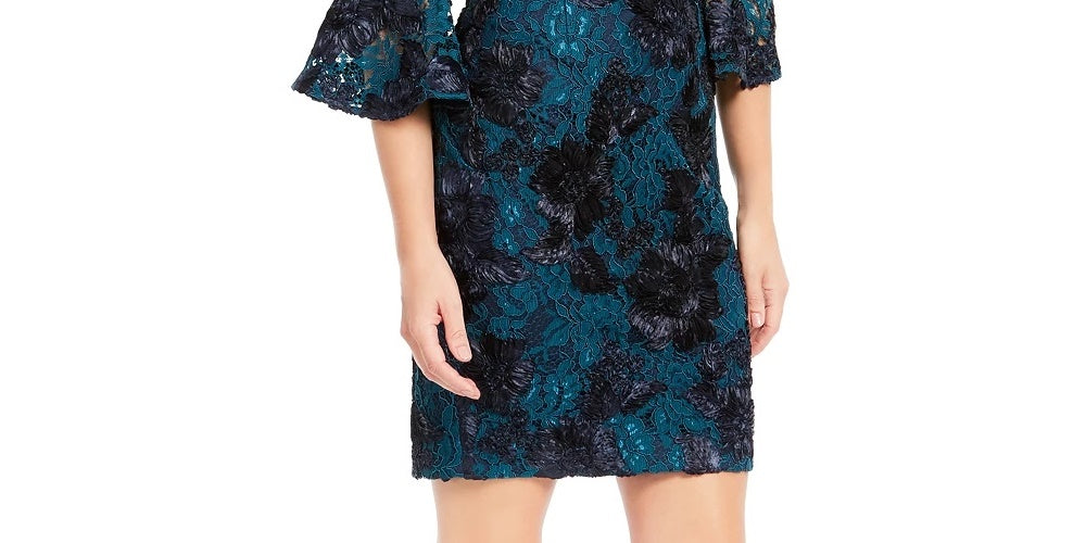 Vestido de coquetel feminino Adrianna Papell com manga sino floral, ombro de fora, acima do joelho, azul, tamanho 16