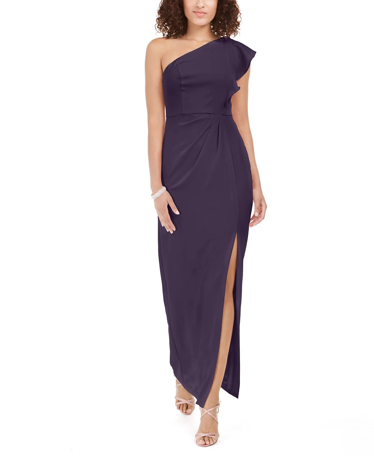 Vestido feminino Adrianna Papell com zíper, fenda, manga curta, decote assimétrico, comprimento total, roxo, tamanho 6