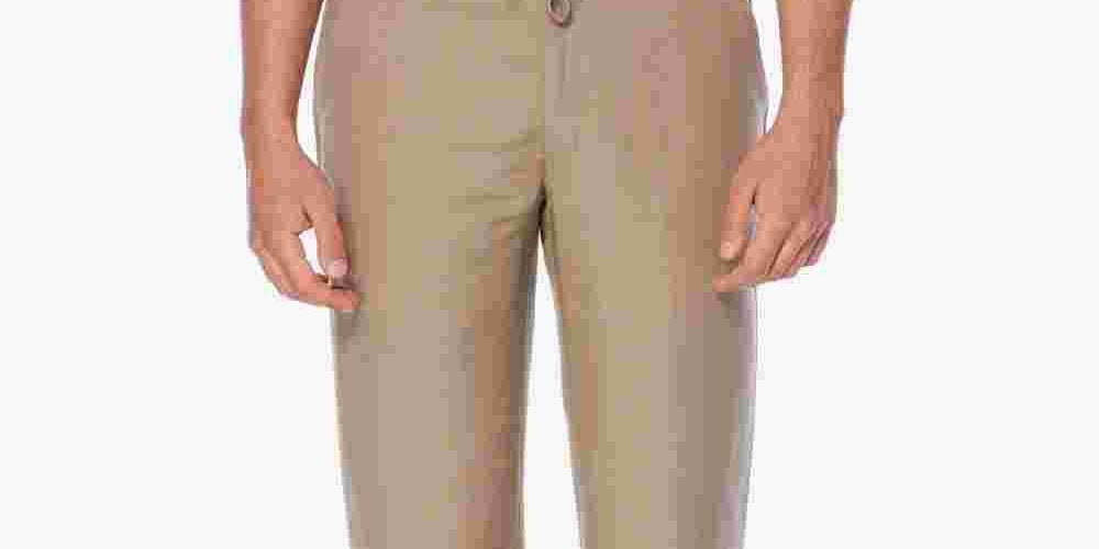 Calça masculina Cubavera de linho liso com cordão e costura interna, bege escuro, tamanho pequeno