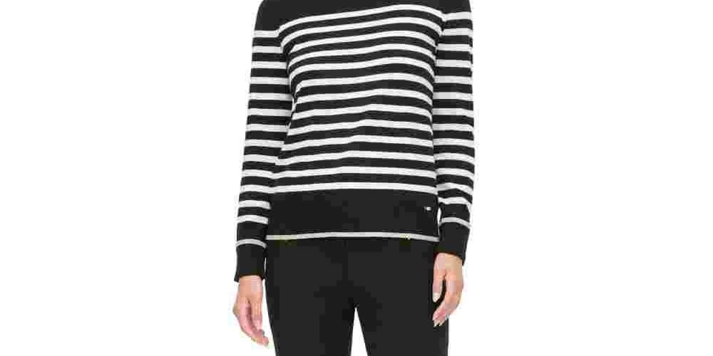 Blusa feminina listrada de manga comprida com decote em joia, preta, tamanho extragrande